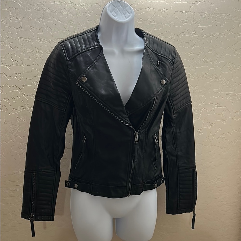 Topshop Black Leather Moto Jacket with Quilted Details